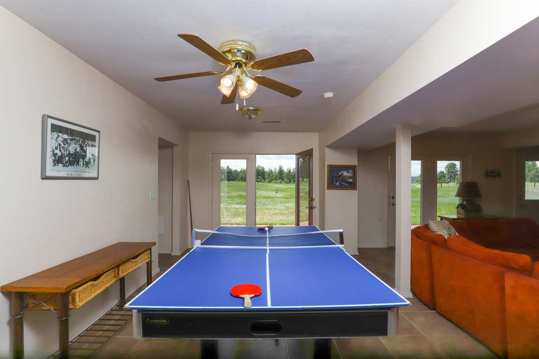 Ping pong table under a ceiling fan with doors to the meadow